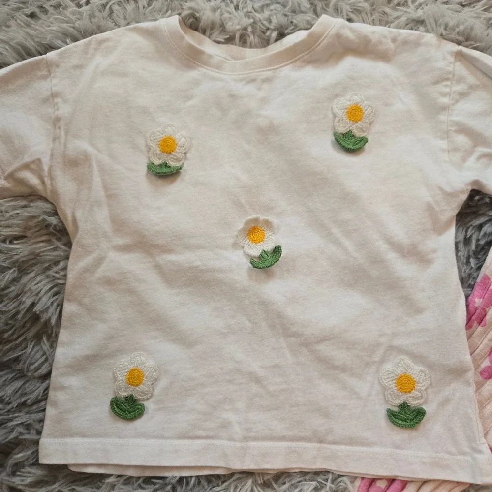 Zara Kids Girls 2-3yrs White Crochet Daisy‎ T-Shirt and Pink Floral Leggings Set